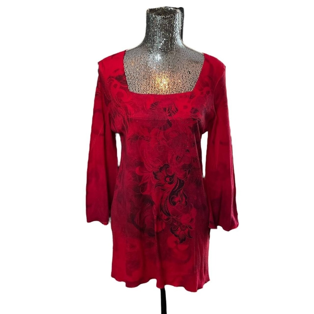 Vintage Y2K Whimsigoth Red Black Graphic Tunic Flare Sleeve Top Large Goth
